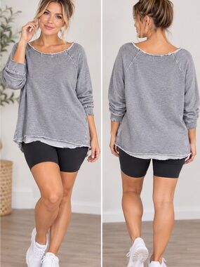 Women's Gray Raw-Edge Pullover Sweatshirt